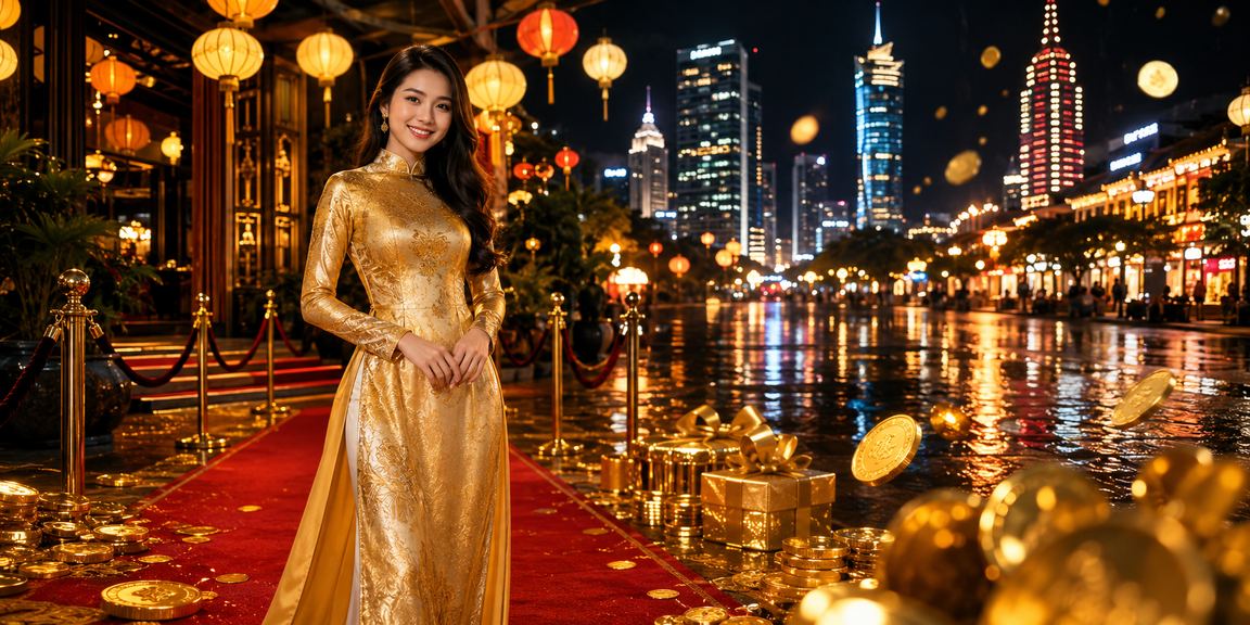 Người dùng tại TP. Hồ Chí Minh trong trang phục áo dài kiểm tra khuyến mãi casino mới nhất trên điện thoại